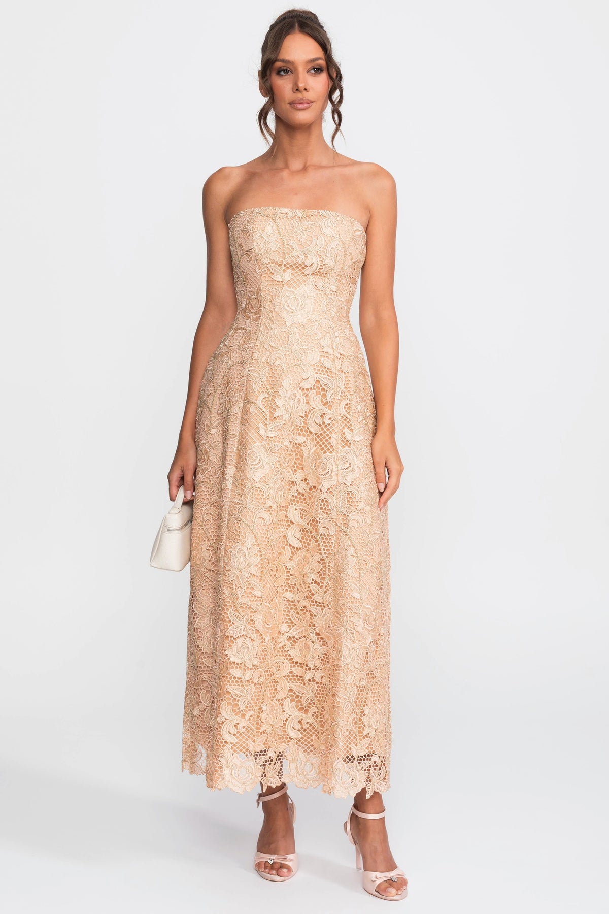 Strapless Floral Lace Ballgown with Full A-Line Skirt – Gold