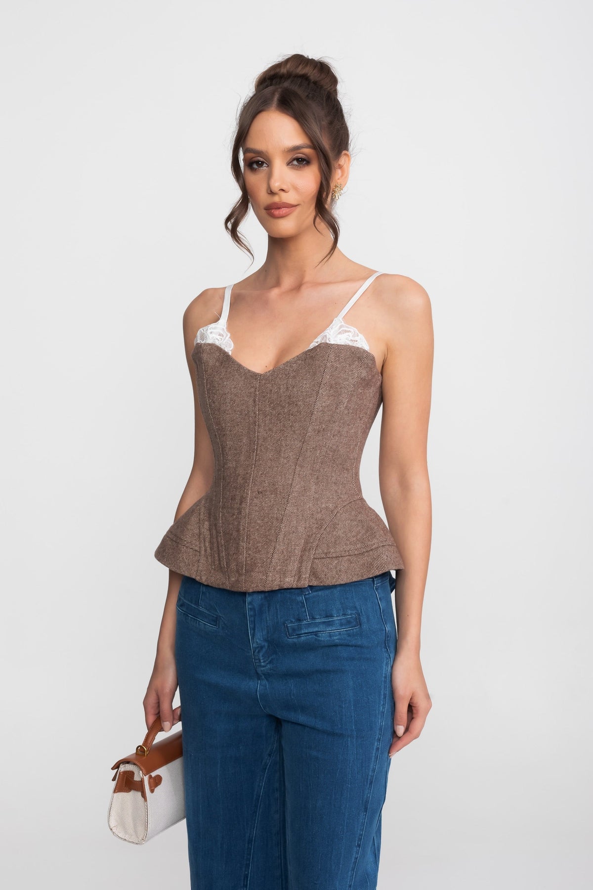 Tweed-Look Corset Top with Lace Straps and Peplum Hem – Brown – view 2