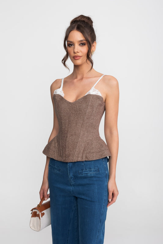 Tweed-Look Corset Top with Lace Straps and Peplum Hem – Brown – view 2