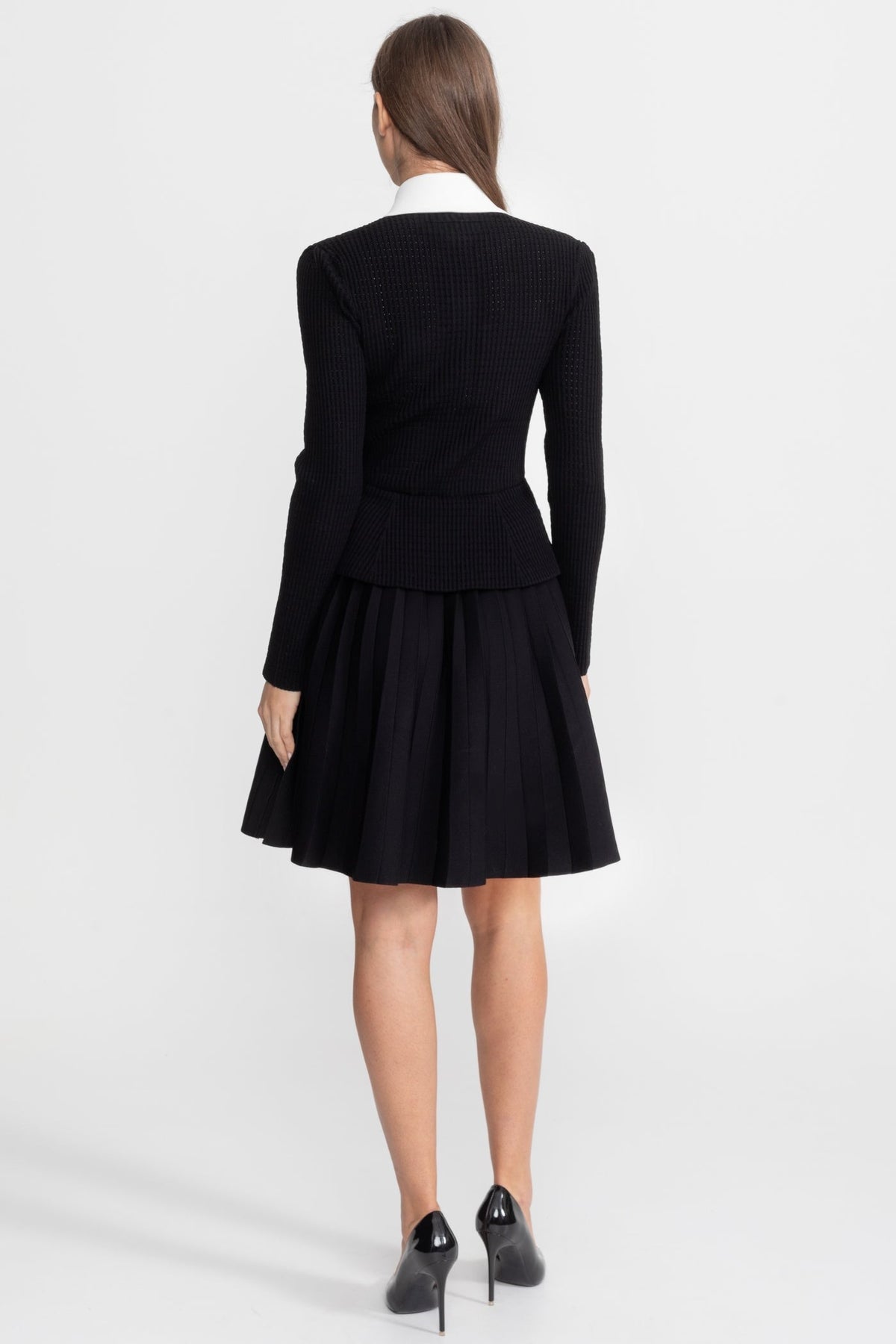 Ribbed Knit Mini Dress with Contrast Collar and Crystal Buttons – Black – view 4