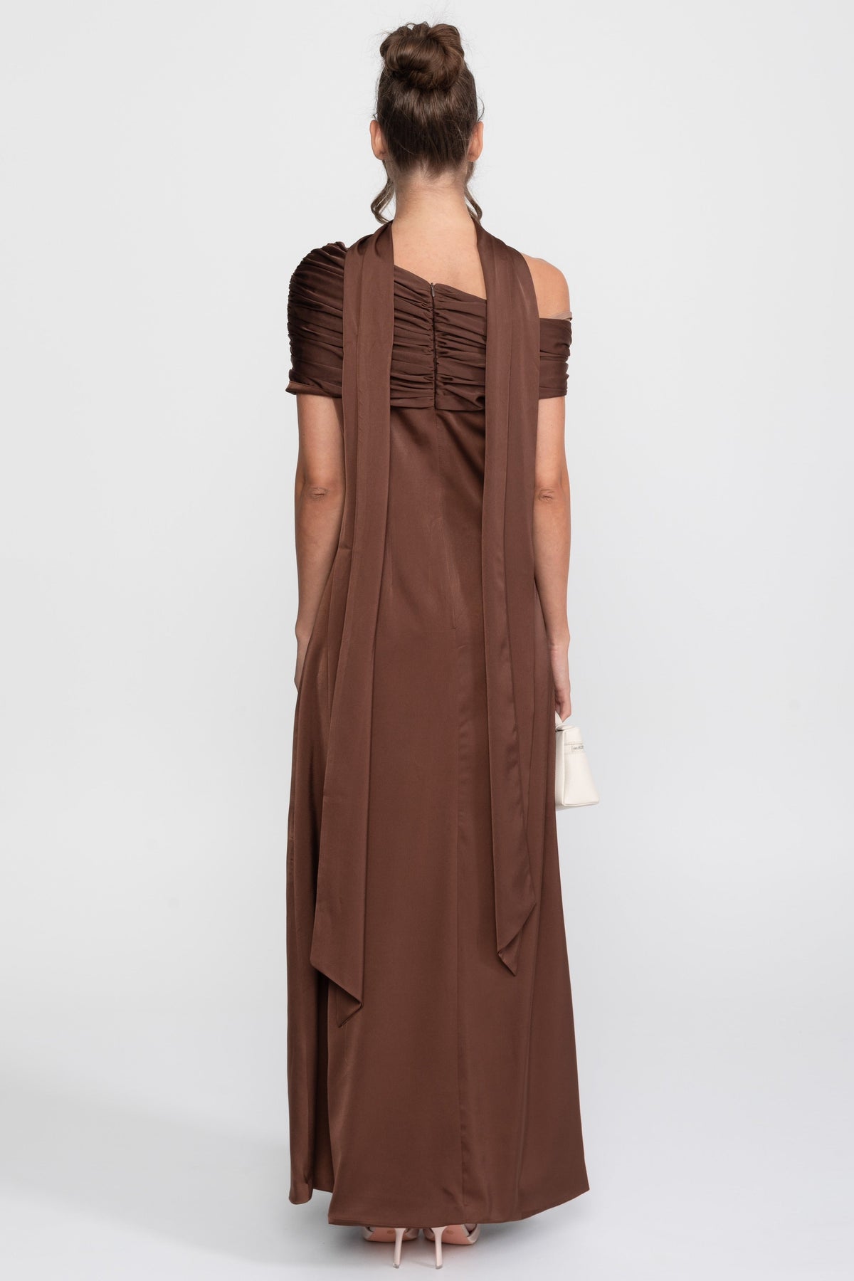One-Shoulder Draped Satin Maxi Gown with Ruched Wrap Collar – Brown – view 3