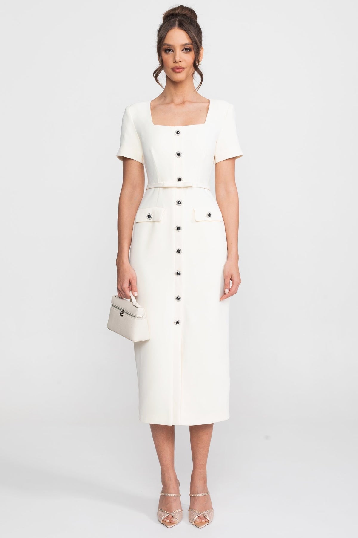 Square Neck Button-Through Crepe Midi Dress with Jewel Buttons – White – view 1