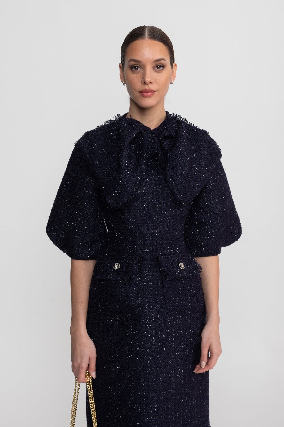Tweed Midi Dress with Oversized Bow Neck and Puff Sleeves – Navy – view 4