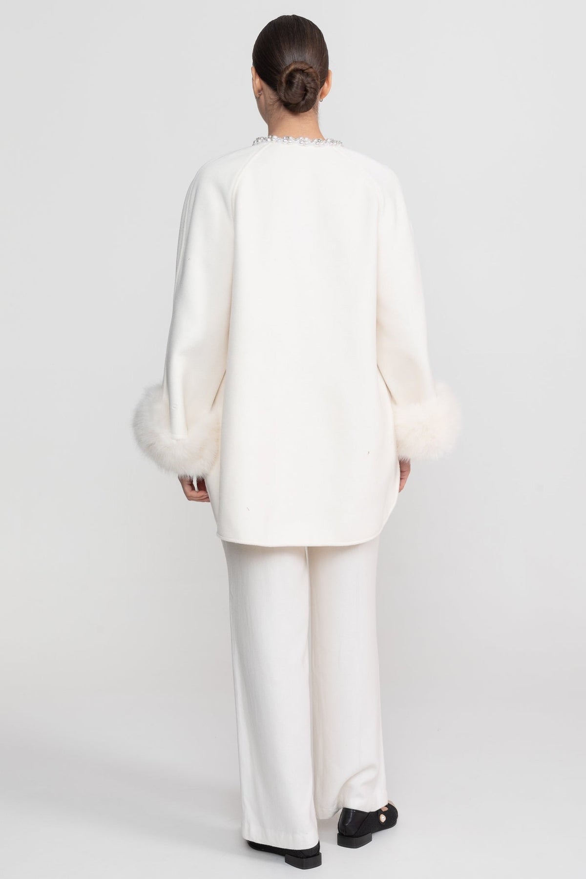 Longline Coat with Pearl Embellished Neckline and Faux Fur Cuffs – White