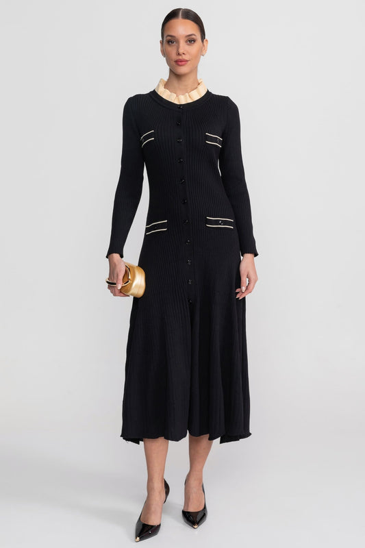 Ribbed Knit Button-Through Midi Dress with Ruffle Neck – Black