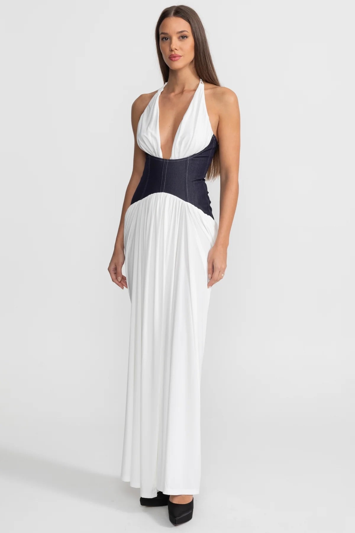Halter Plunge Neck Draped Maxi Dress with Denim Corset Waist – White – view 3
