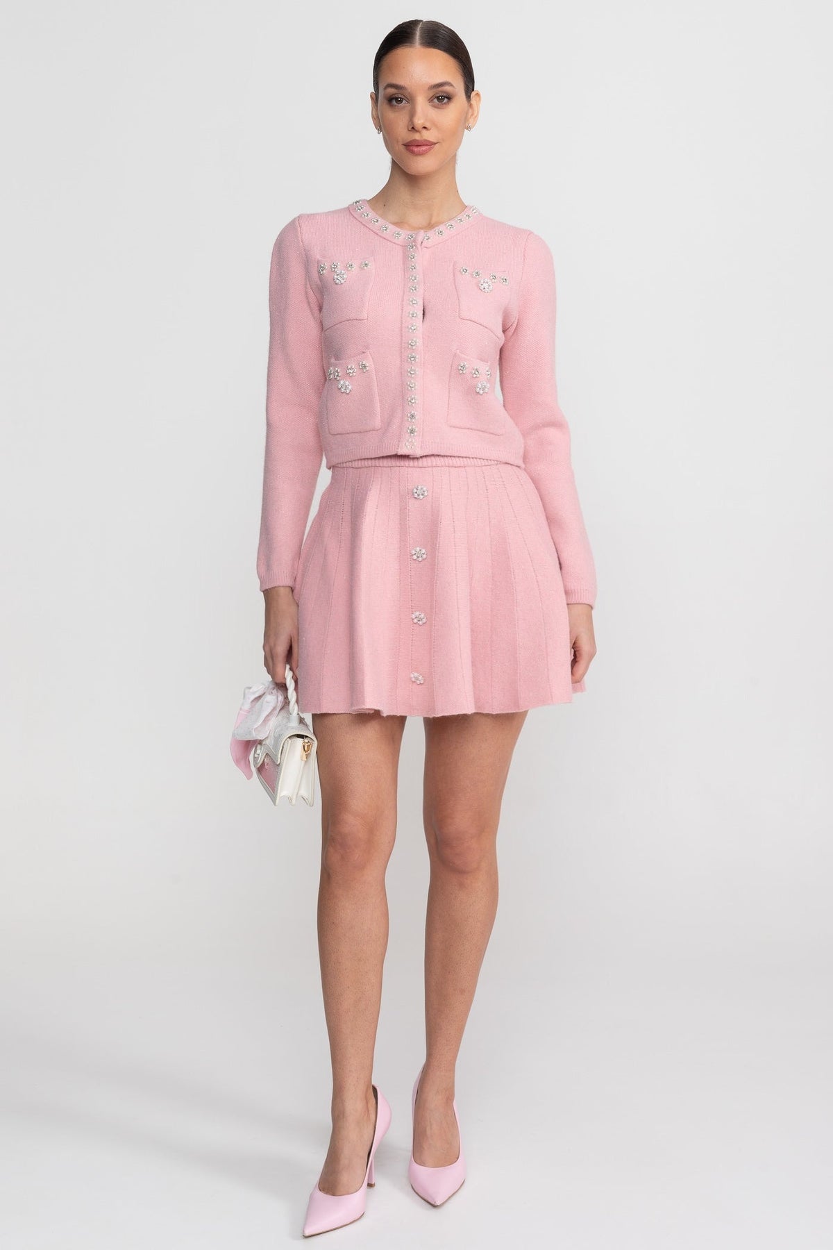 Crystal Embellished Knit Cardigan and Pleated Mini Skirt Set – Blush Pink – view 1