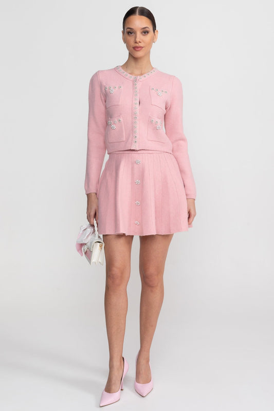 Crystal Embellished Knit Cardigan and Pleated Mini Skirt Set – Blush Pink