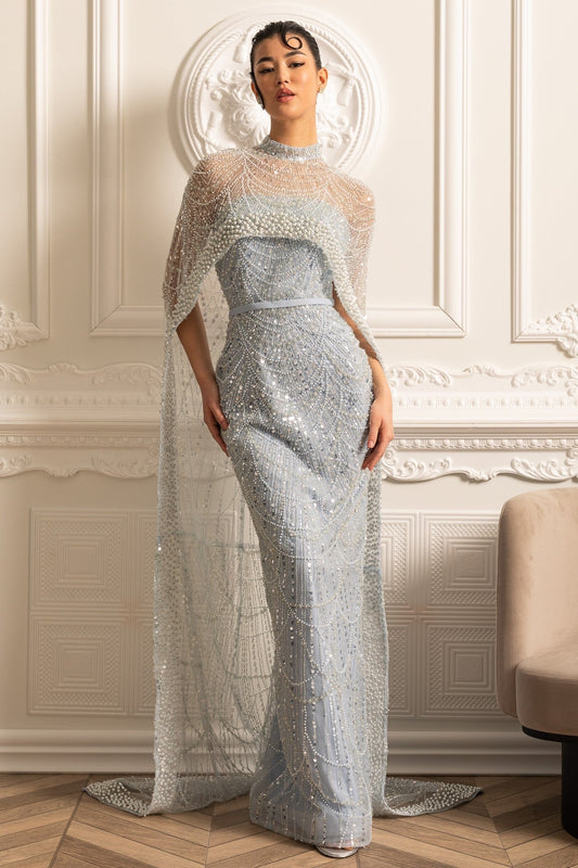 Beaded Sheer Corset Gown with Detachable Veil – Blue