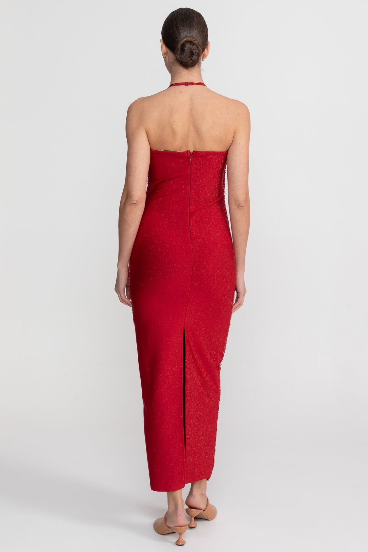 Pleated Halter Neck Body-Contouring Dress with Front Slit – Red – view 6