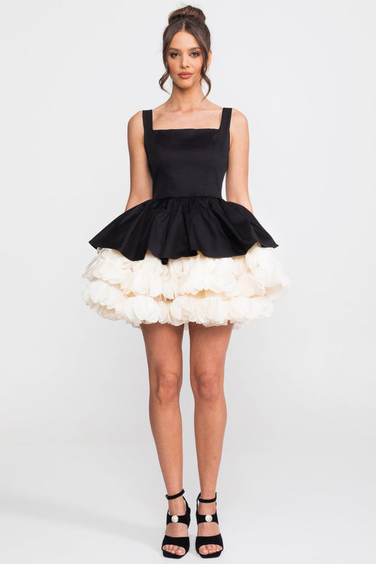 Strapless Structured Mini Dress with Organza Ruffle Underskirt – Black