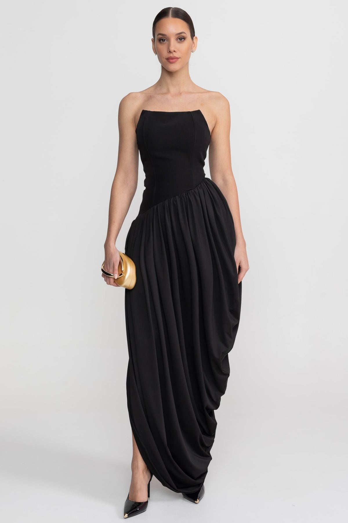 Strapless Crepe-Effect Maxi Dress with Asymmetric Draped Skirt – Black