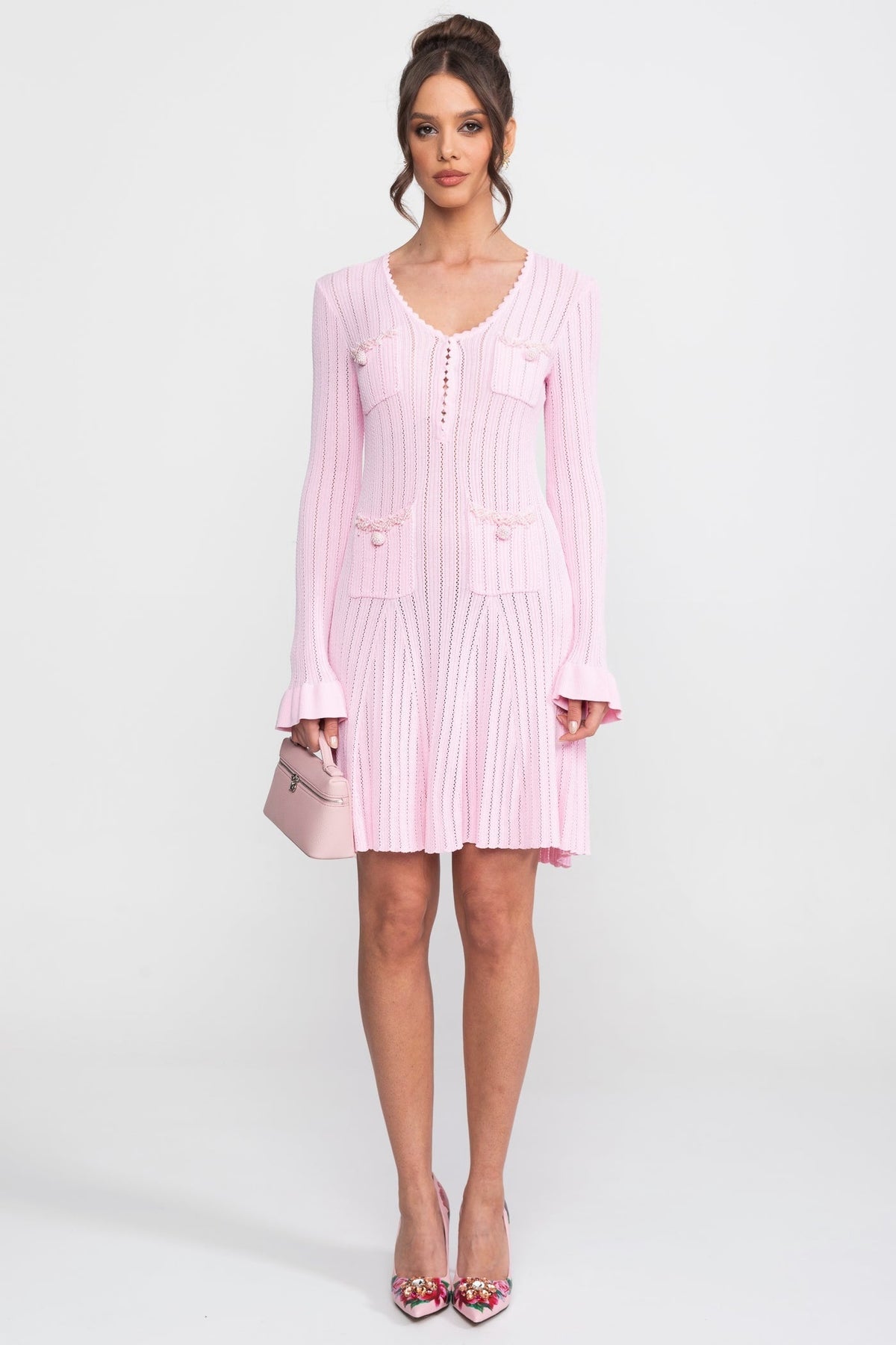 Pointelle Knit Scallop V-Neck Mini Dress with Ruffle Cuffs – Pink – view 1