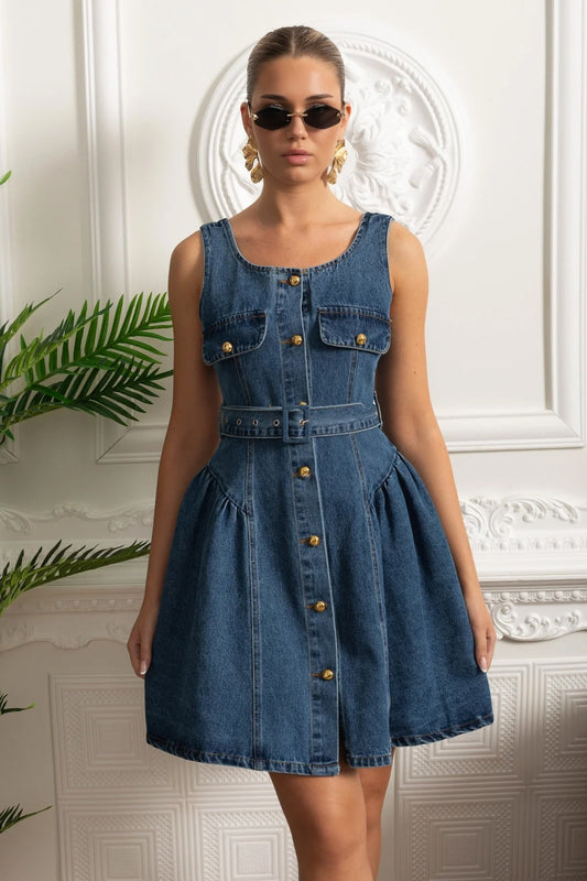 Belted Denim Button Front Sleeveless Mini Dress – Blue