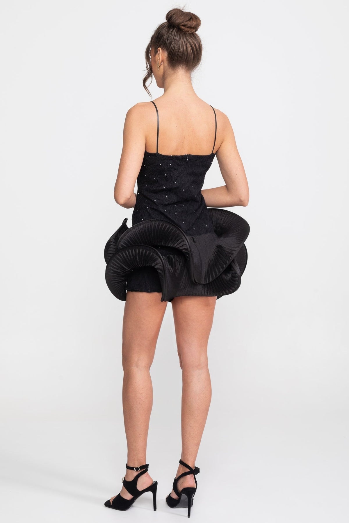 Sparkle Embellished Square Neck Babydoll Mini Dress with Ruffle Skirt – Black