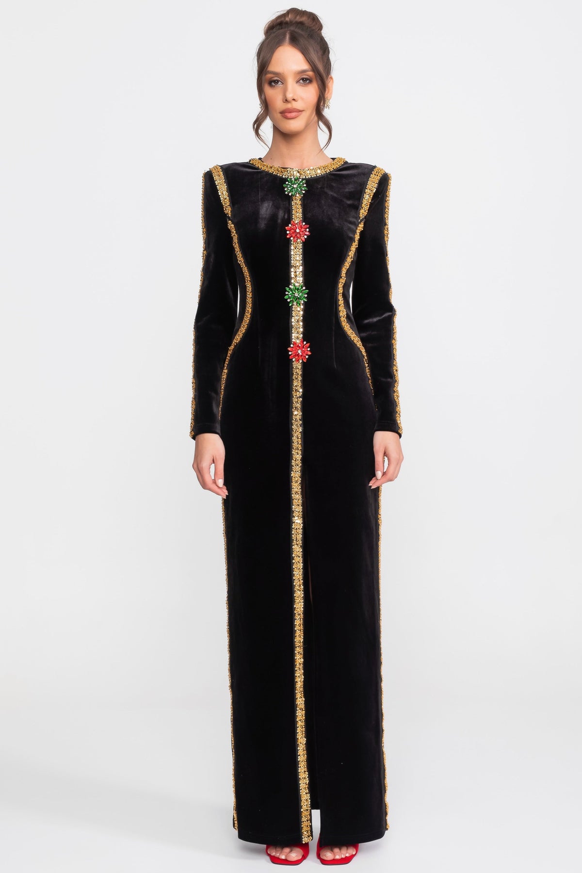 Velvet Column Maxi Dress with Gold Sequin Trim and Crystal Brooches – Black – view 2