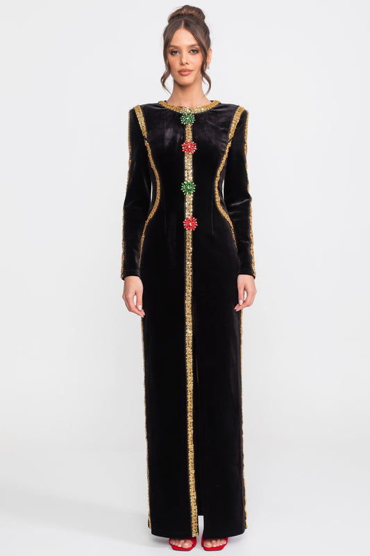 Velvet Column Maxi Dress with Gold Sequin Trim and Crystal Brooches – Black – view 2
