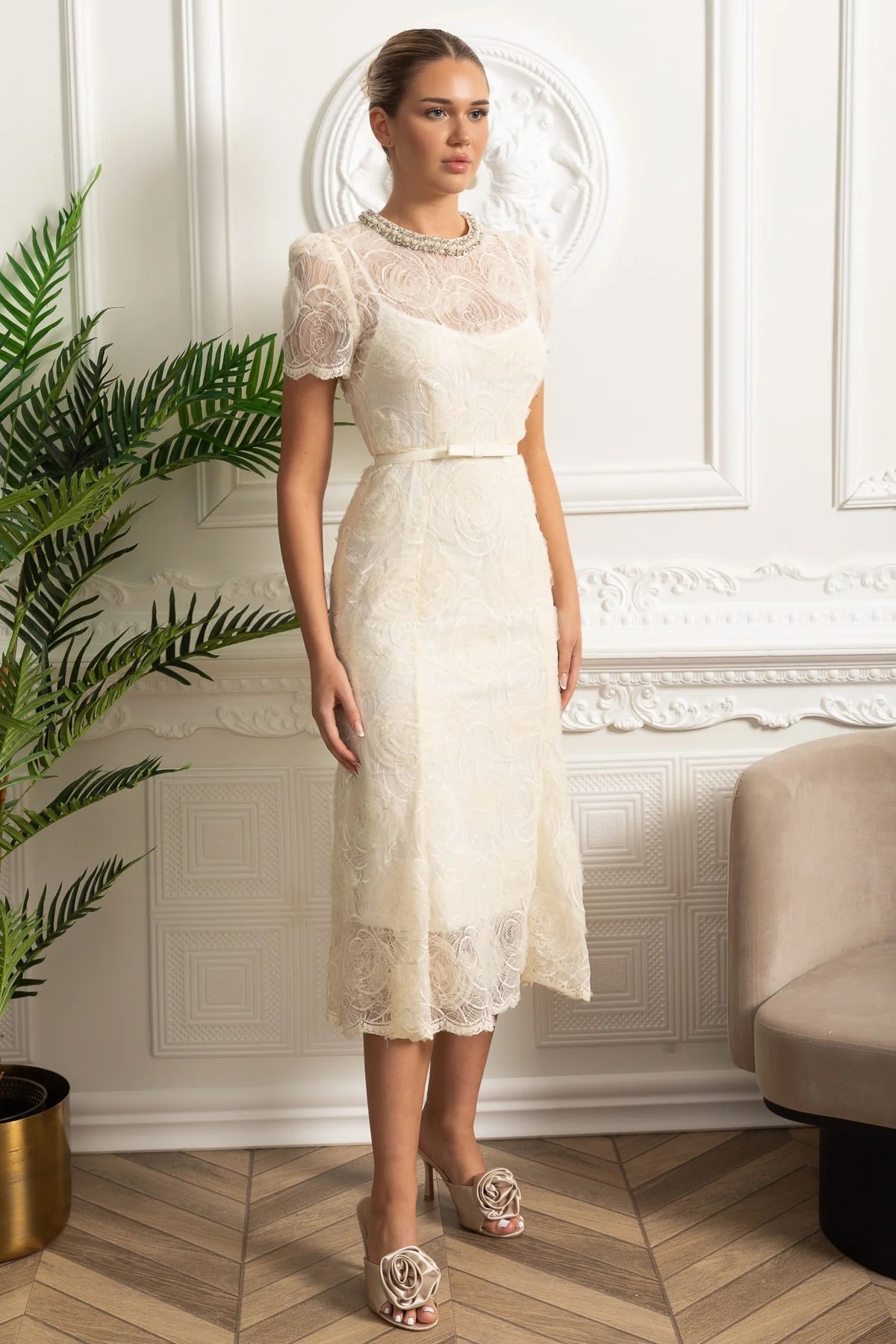 Embroidered Lace Short Sleeve Midi Dress with Thin Waist Belt – Ivory