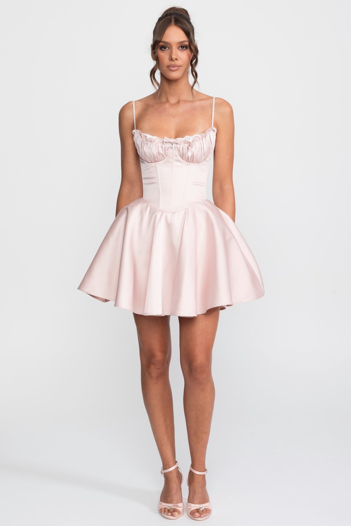 Satin Sweetheart Fit-and-Flare Mini Dress with Lace Trim – Pink