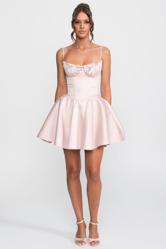 Satin Sweetheart Fit-and-Flare Mini Dress with Lace Trim – Pink