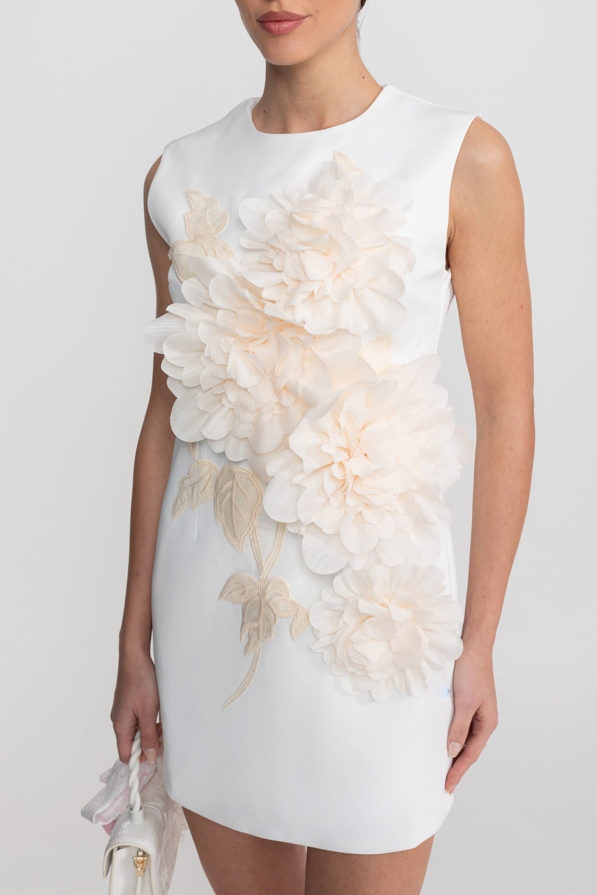 Sleeveless Round Neck Mini Dress with 3D Floral Appliqué – White – view 5