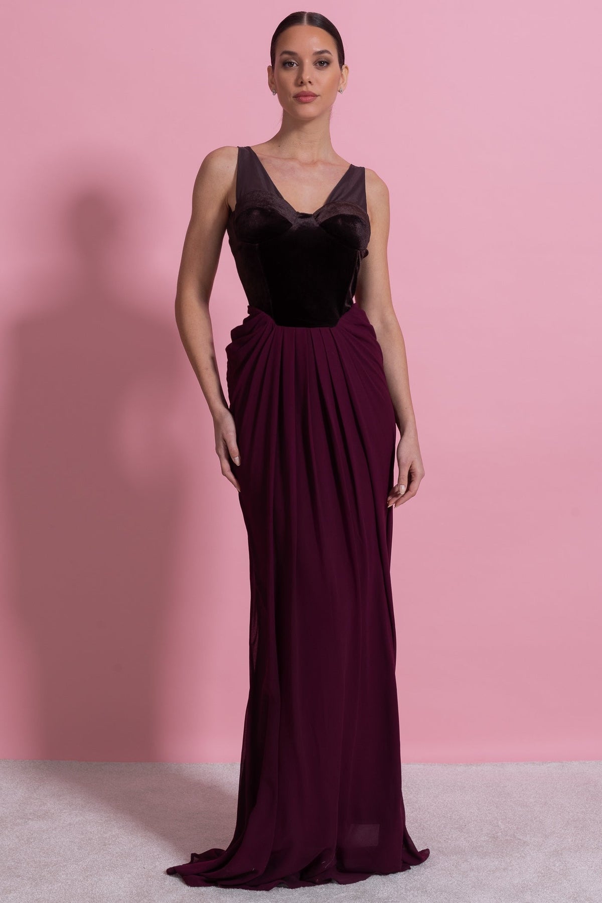 Velvet Corset Bodice Maxi Dress with Flowing Chiffon Skirt – Burgundy – view 3
