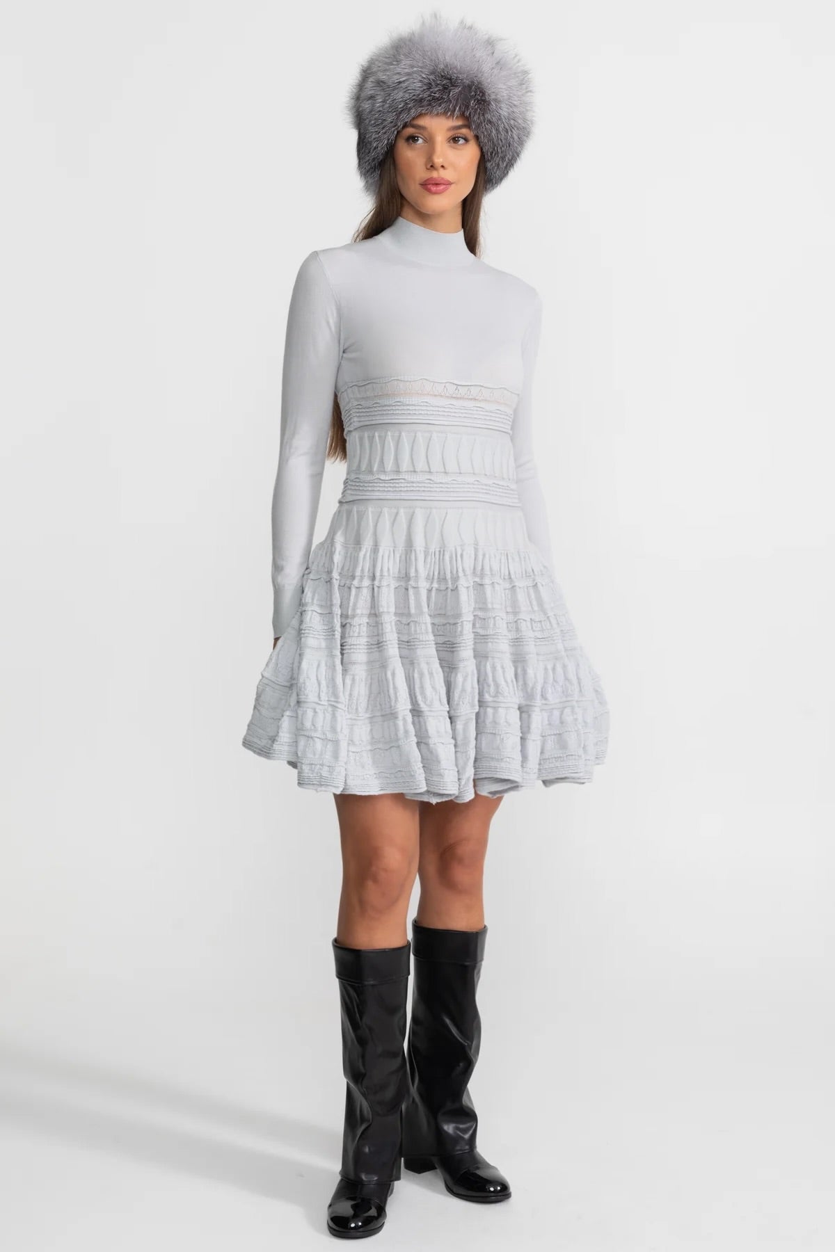 Textured Knit Mini Dress with Tiered Flared Skirt – Light Grey – view 3