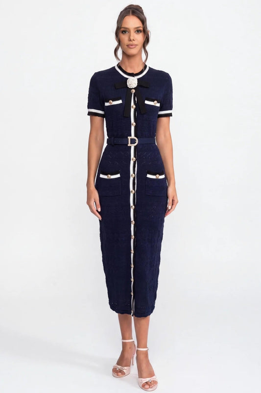 Knit Short Sleeve Midi Dress with White Piping and Gold Buckle Belt – Navy