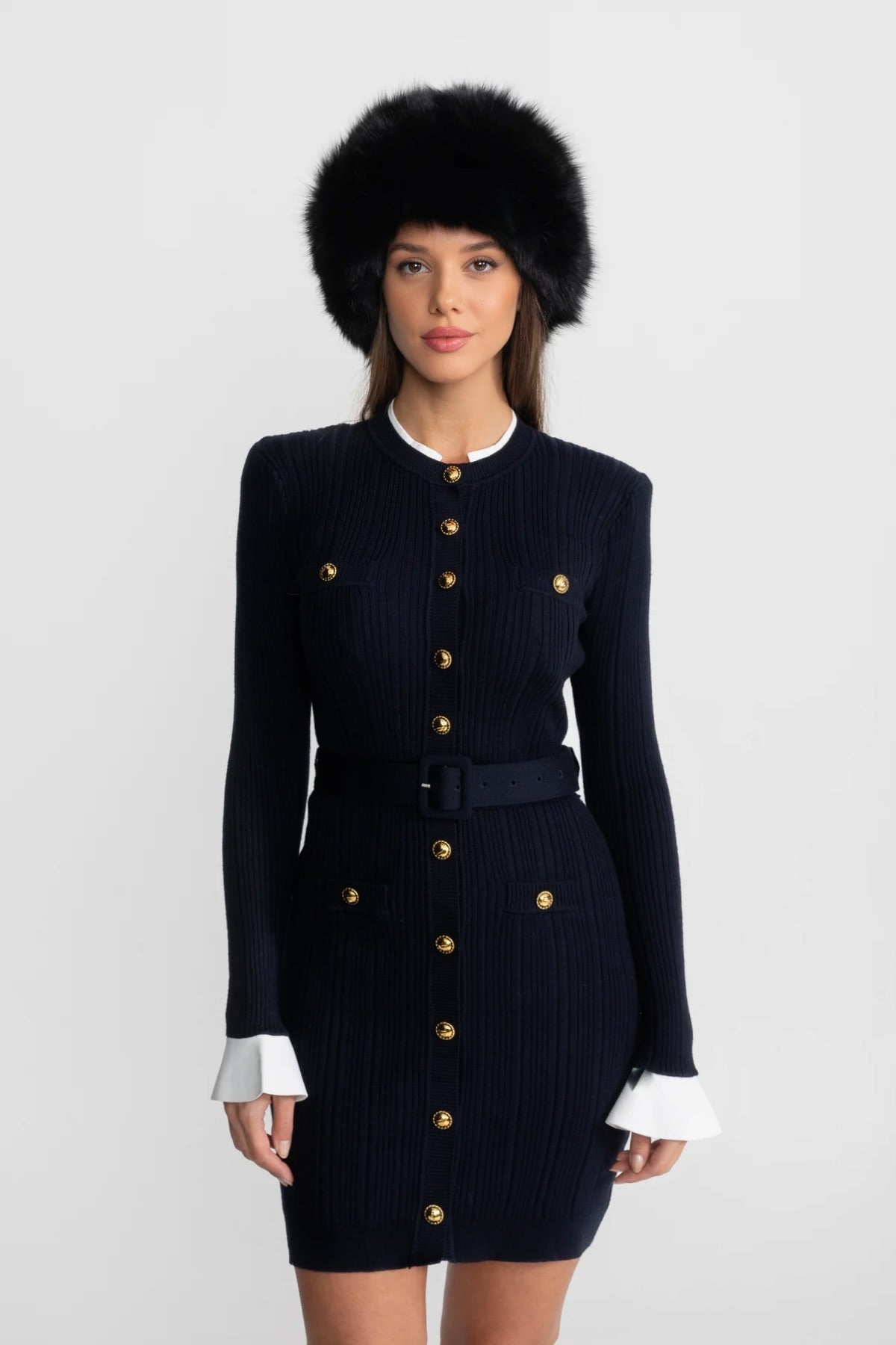 Ribbed Knit Long Sleeve Belted Mini Dress with Gold Buttons – Dark Blue
