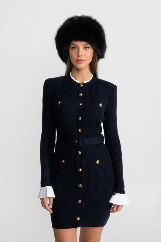 Ribbed Knit Long Sleeve Belted Mini Dress with Gold Buttons – Dark Blue