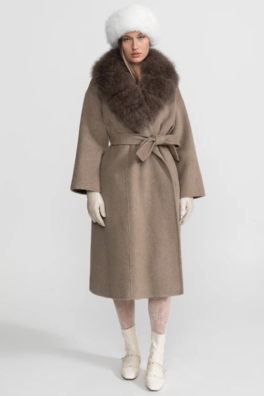Double-Faced Wool Wrap Coat with Collar Trim and Tie Belt – Khaki