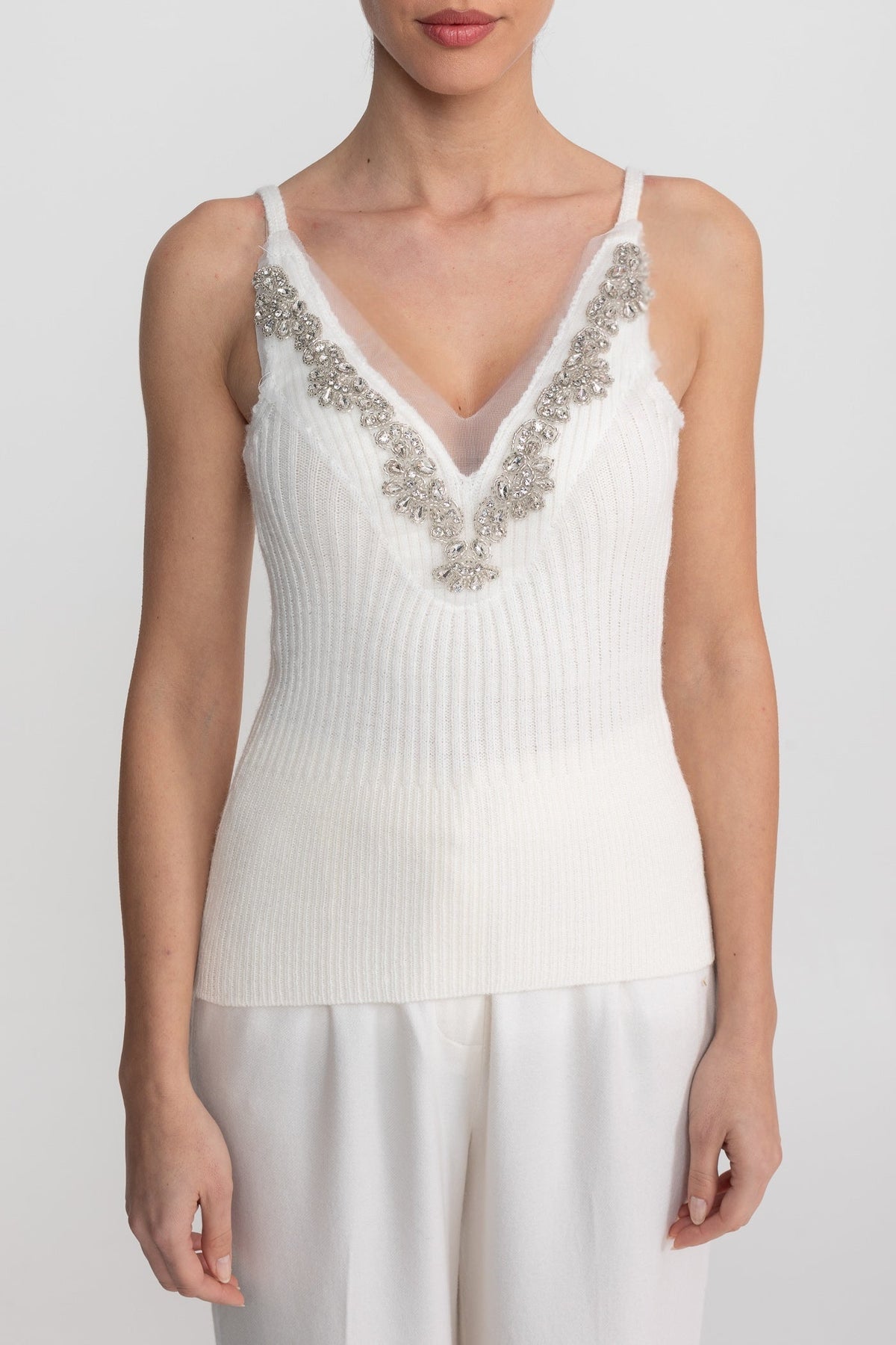 Crystal Knit Camisole and Longline Cardigan Set with Feather Cuffs – White – view 5