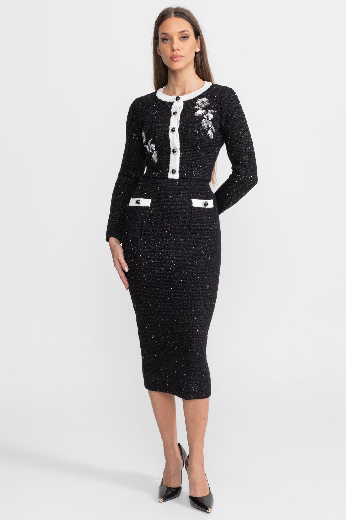 Floral Appliqué Tweed Knit Cropped Cardigan and Midi Skirt Set – Black
