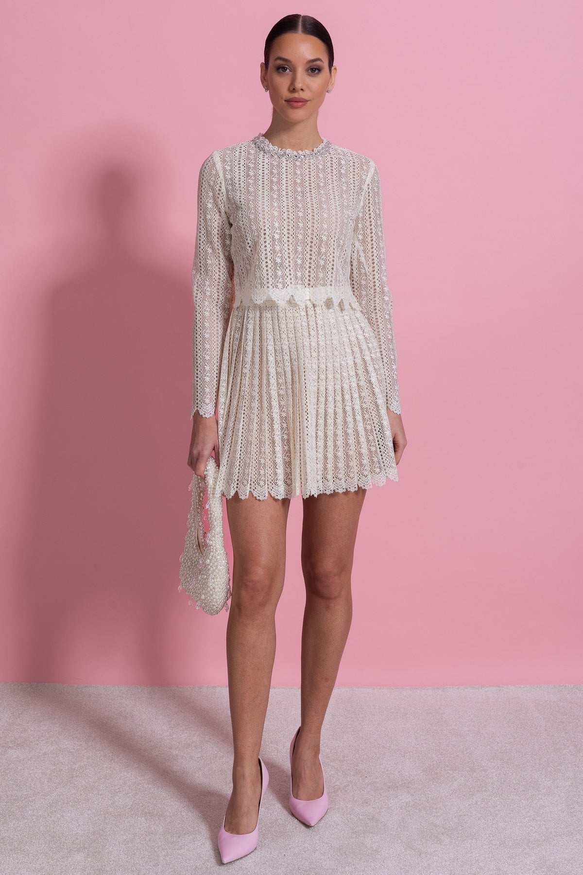 Lace High Neck Long Sleeve Mini Dress with Pleated Skirt – Ivory – view 3