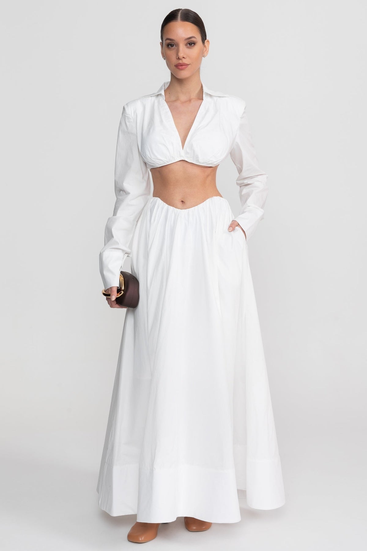 Cropped Deep V Long Sleeve Top and A-Line Maxi Skirt Co-ord Set – White – view 1