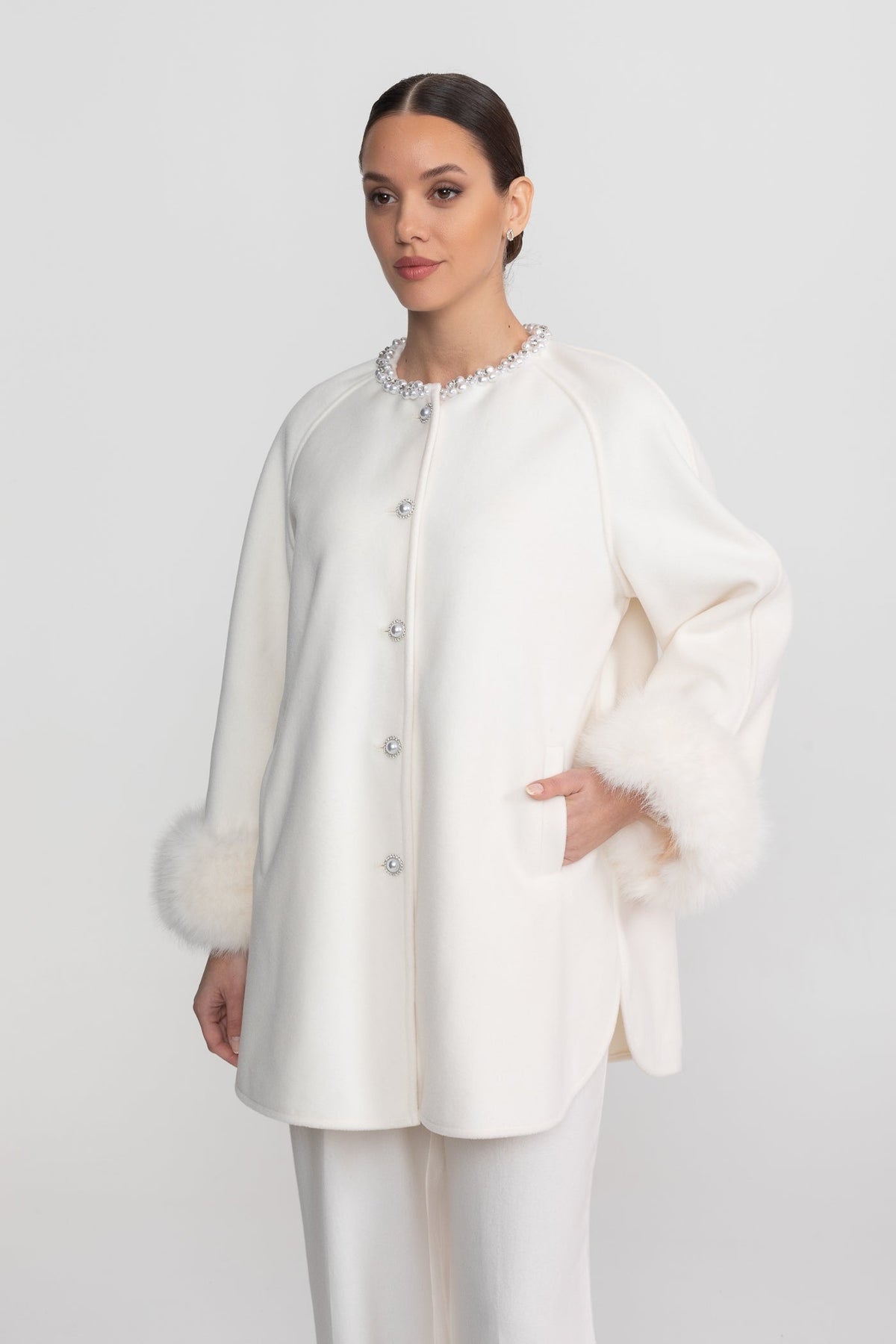 Longline Coat with Pearl Embellished Neckline and Faux Fur Cuffs – White