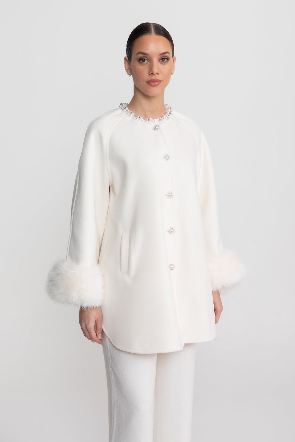 Longline Coat with Pearl Embellished Neckline and Faux Fur Cuffs – White – view 3