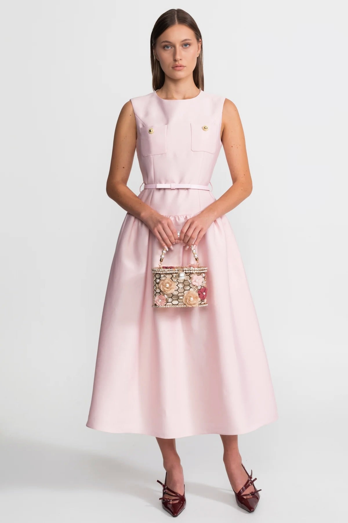 Satin Sleeveless Midi Dress with Belted Waist and Flap Pockets – Blush Pink