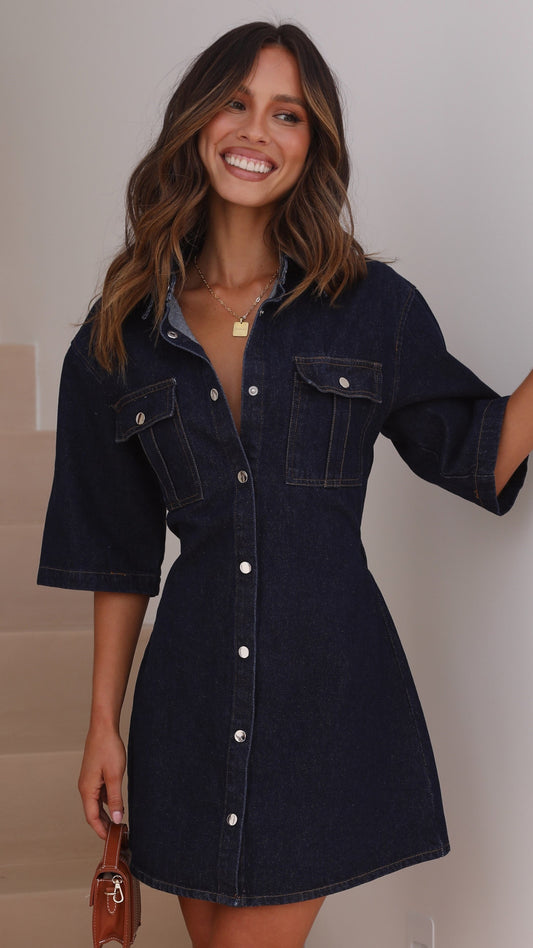 Raz Collared A-Line Cotton Mini Dress with Breast Pockets – Dark Denim