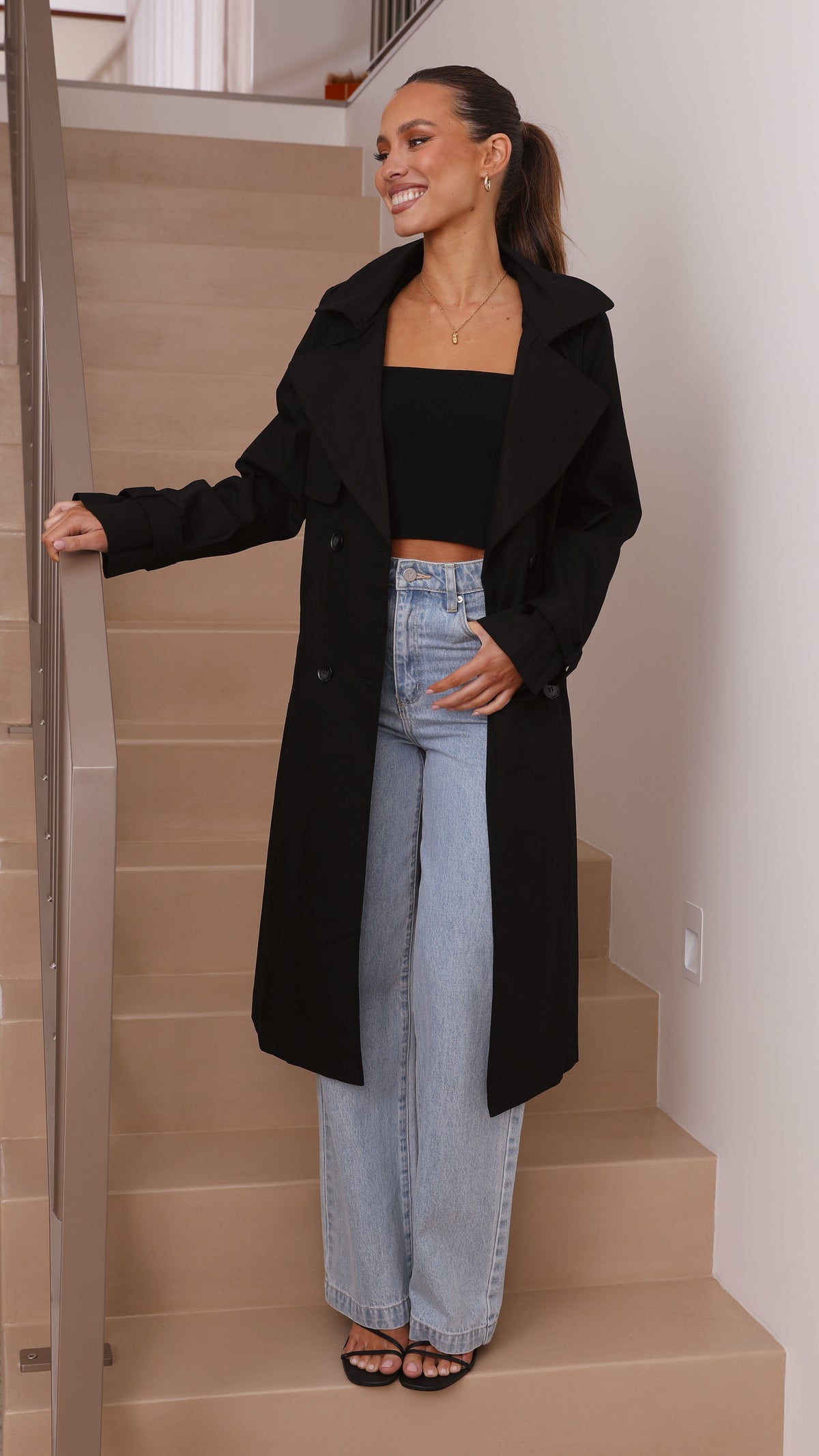 Byron Oversized Longline Cotton Trench Coat with Waist Tie – Black