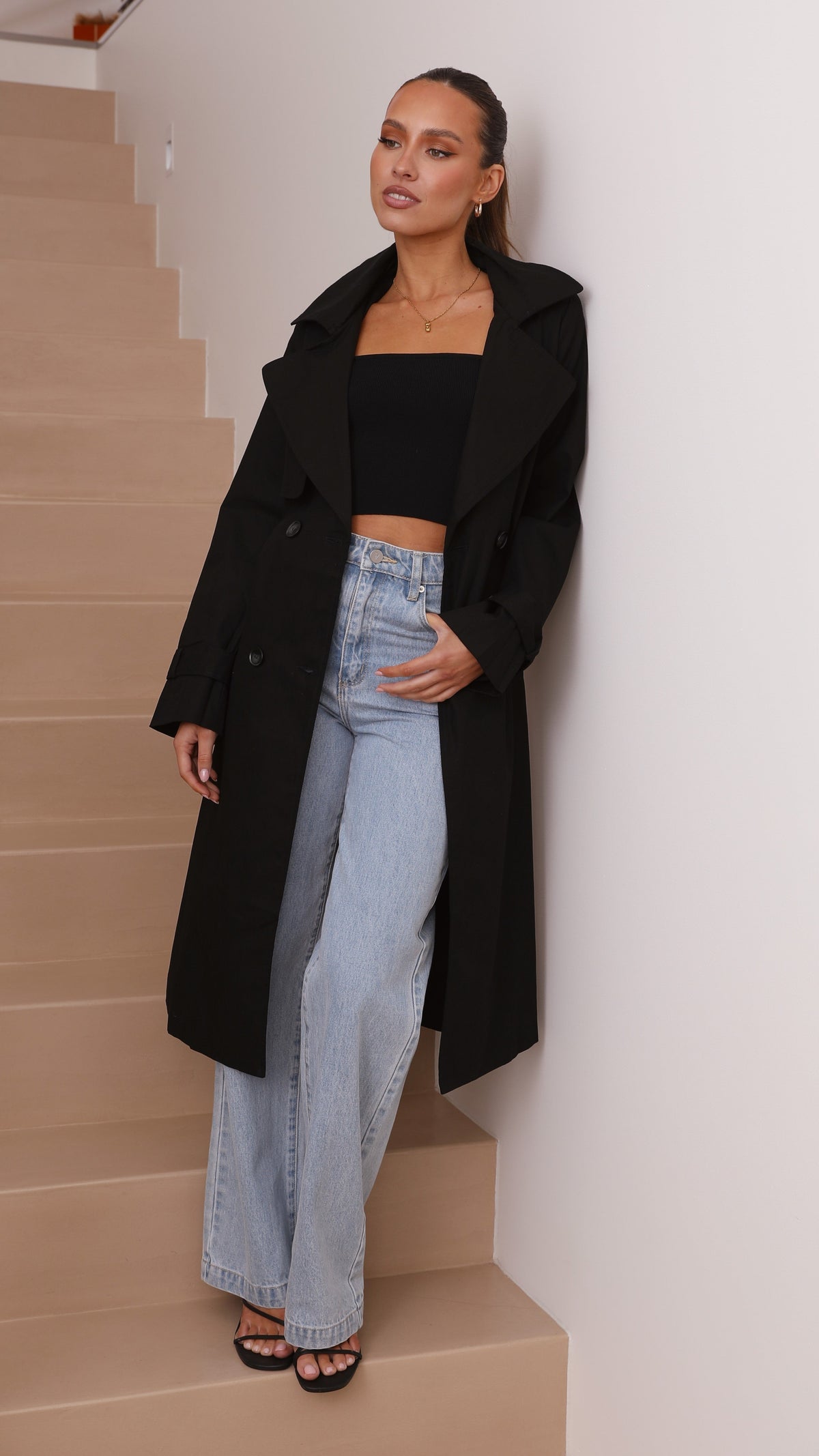 Byron Oversized Longline Cotton Trench Coat with Waist Tie – Black