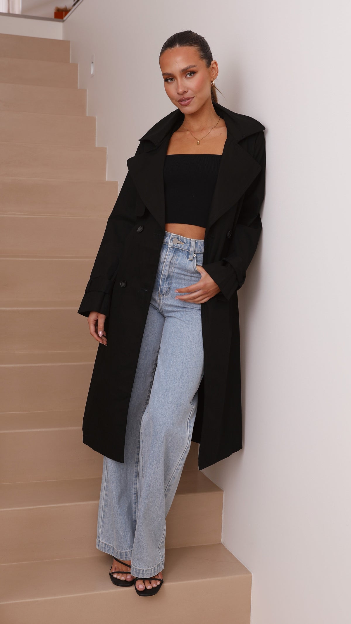 Byron Oversized Longline Cotton Trench Coat with Waist Tie – Black