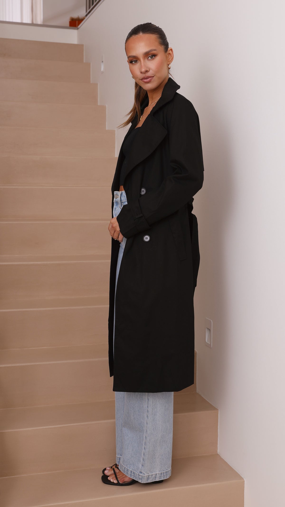 Byron Oversized Longline Cotton Trench Coat with Waist Tie – Black – view 21