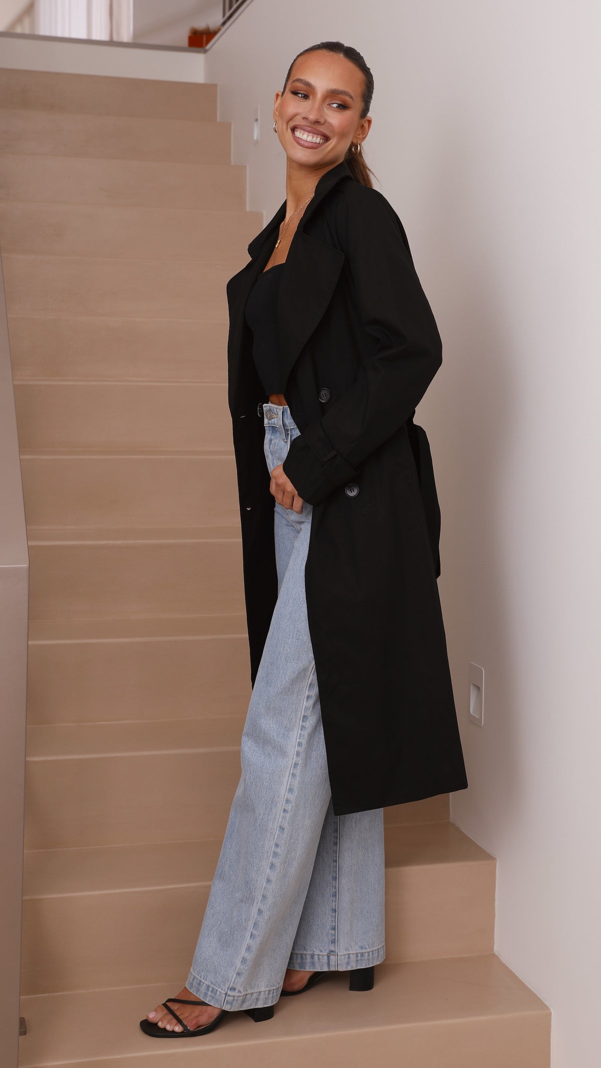 Byron Oversized Longline Cotton Trench Coat with Waist Tie – Black – view 18