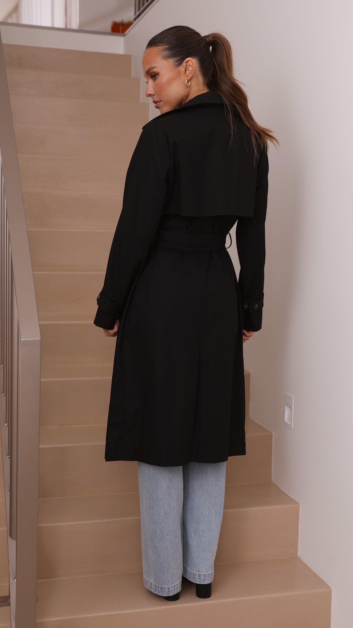 Byron Oversized Longline Cotton Trench Coat with Waist Tie – Black – view 16
