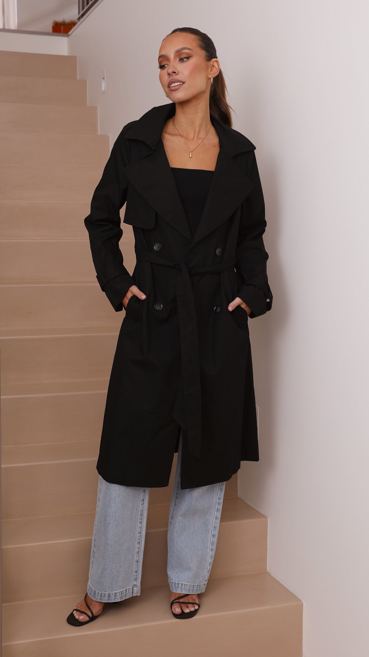 Byron Oversized Longline Cotton Trench Coat with Waist Tie – Black