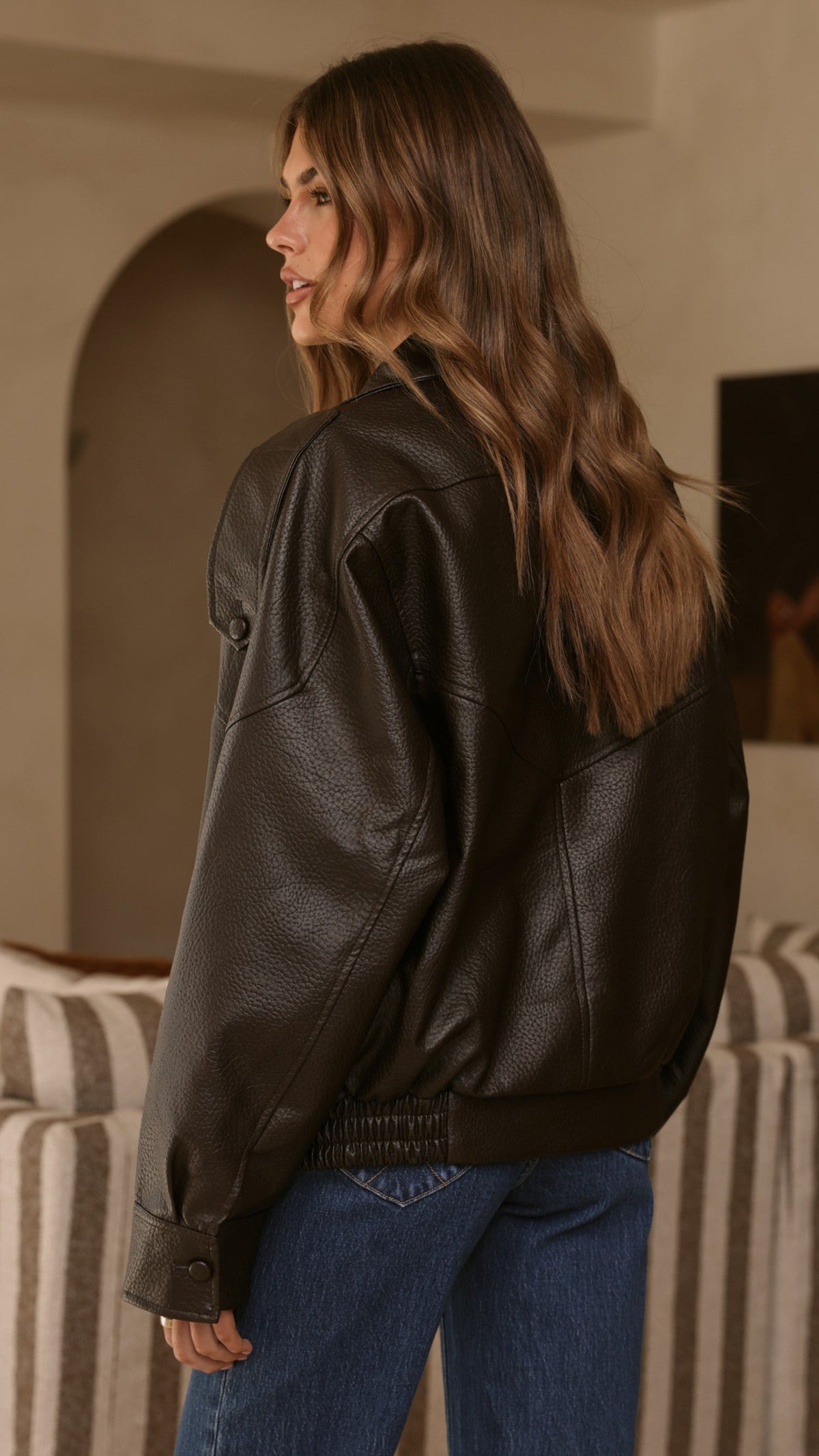 Asher Boxy Faux Leather Bomber Jacket with High Neck – Chocolate