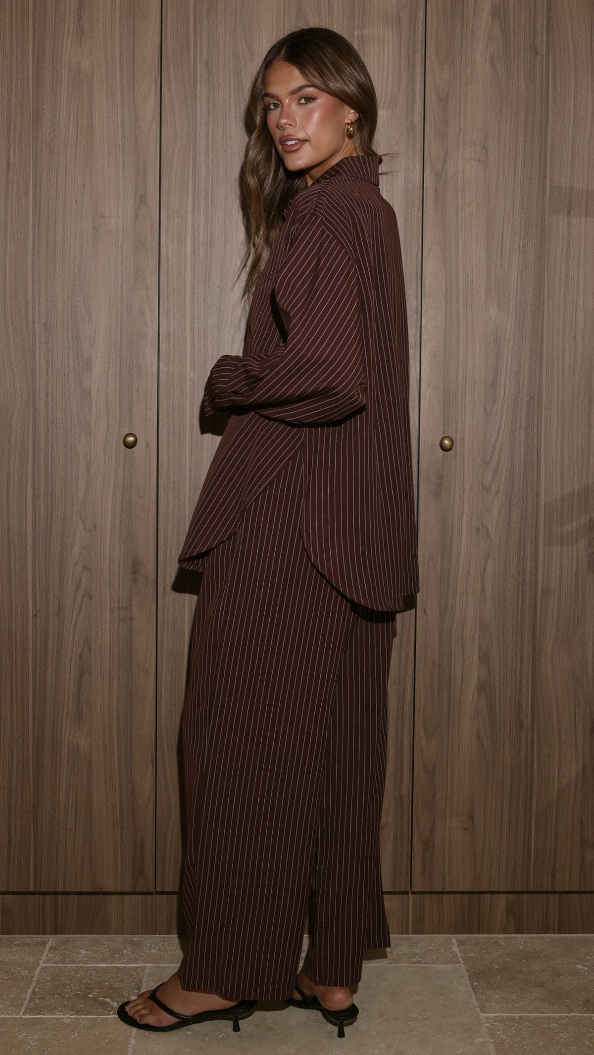 Zaila Elasticated Tie Waist Wide Leg Trousers – Burgundy/White Stripe – view 2