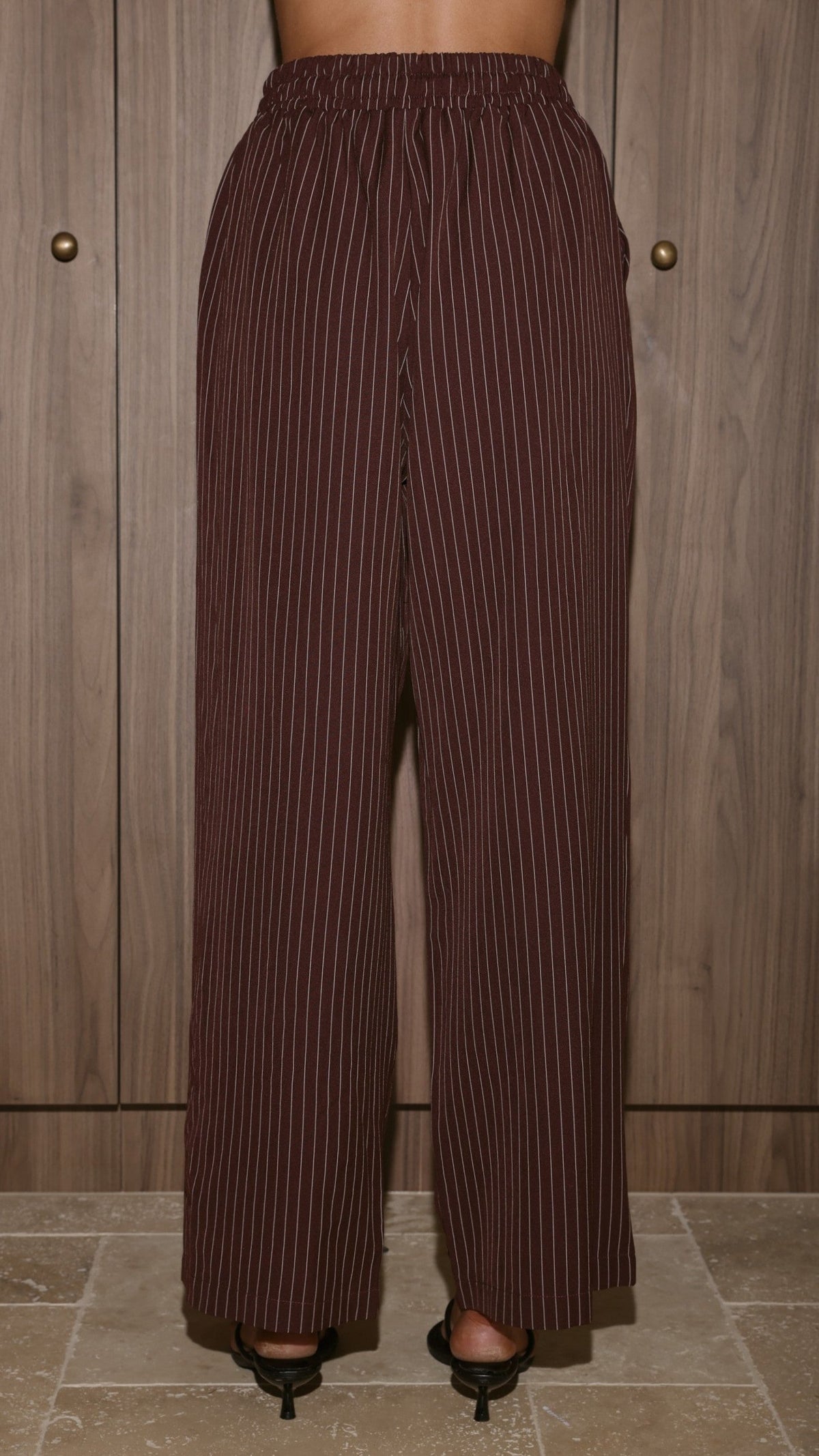 Zaila Elasticated Tie Waist Wide Leg Trousers – Burgundy/White Stripe – view 8