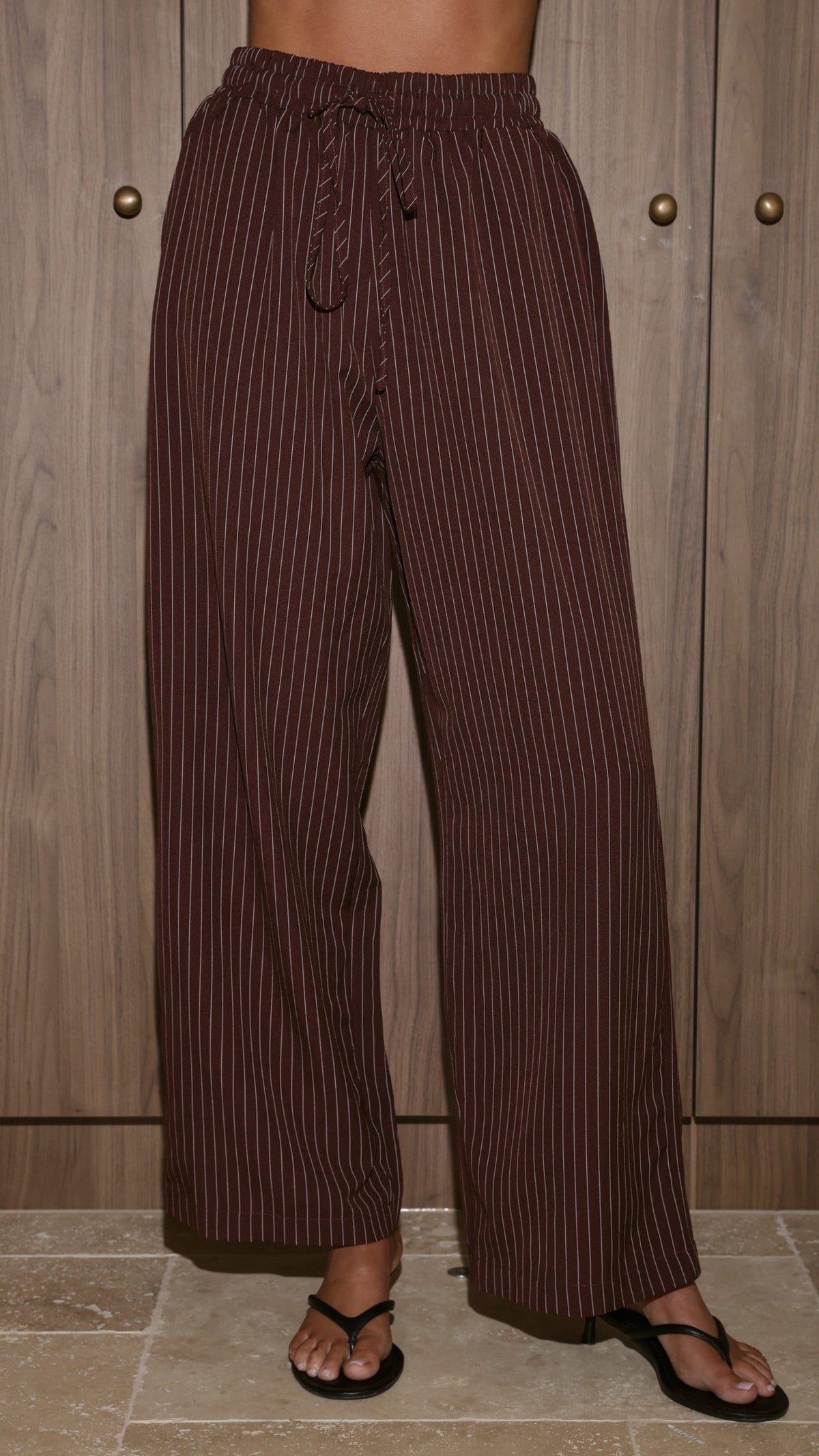 Zaila Elasticated Tie Waist Wide Leg Trousers – Burgundy/White Stripe – view 4